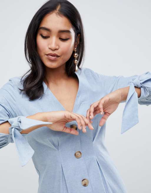 ASOS DESIGN button through mini skater dress with tie sleeves in chambray