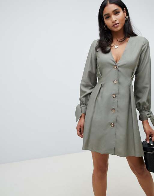 ASOS DESIGN button through mini skater dress with tie sleeves