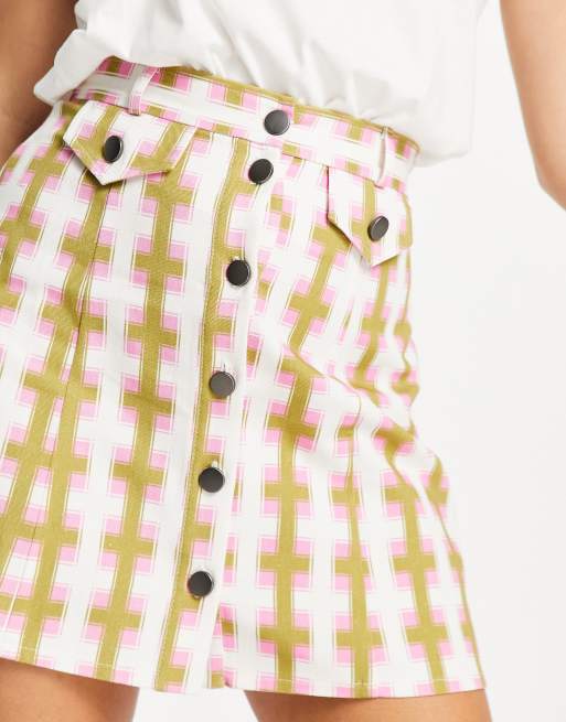 ASOS DESIGN button through mini skirt in geo print 