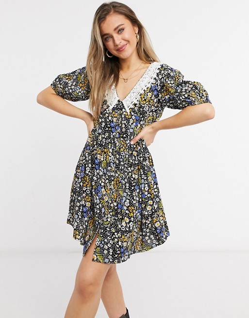 ASOS DESIGN button through mini smock dress with crochet peter pan collar in ditsy floral print