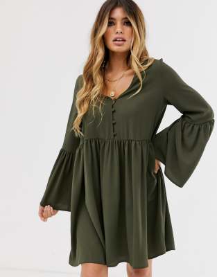 ASOS DESIGN button through mini smock dress with fluted sleeves in khaki-Green