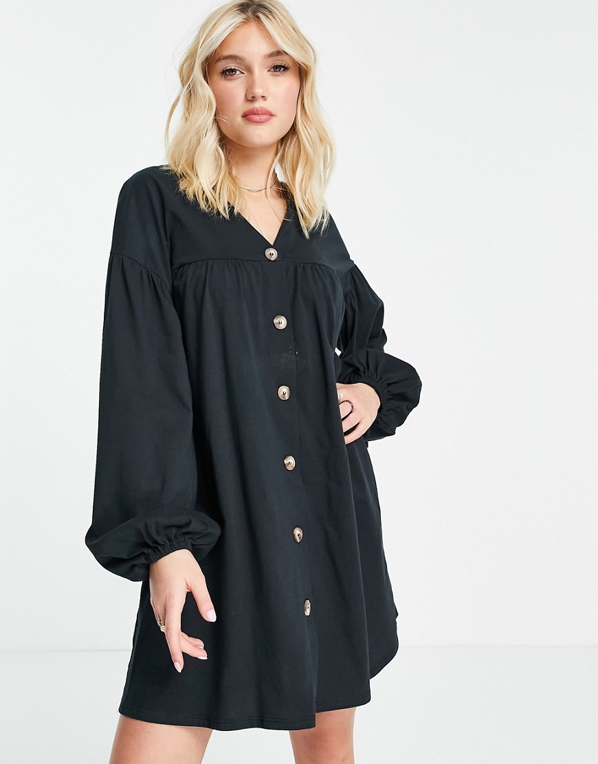 ASOS DESIGN button through mini smock dress with long sleeves in black