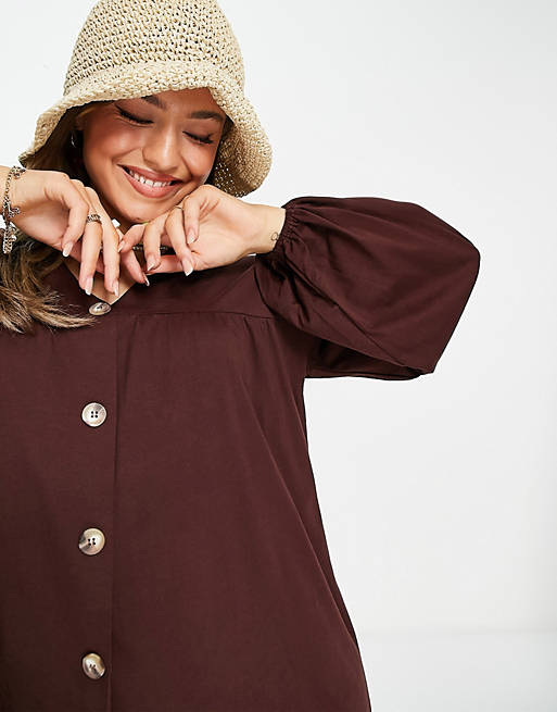 ASOS DESIGN button through mini smock dress with long sleeves in chocolate brown