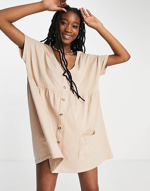 Dresses button through mini smock dress with pockets in camel 