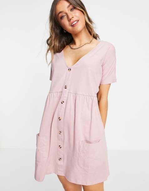 ASOS DESIGN button through mini smock dress with pockets in rose