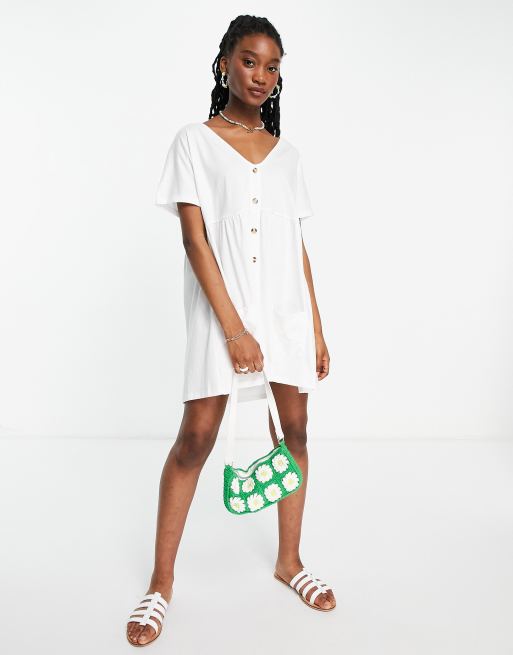 Asos design v neck shop button through mini smock dress