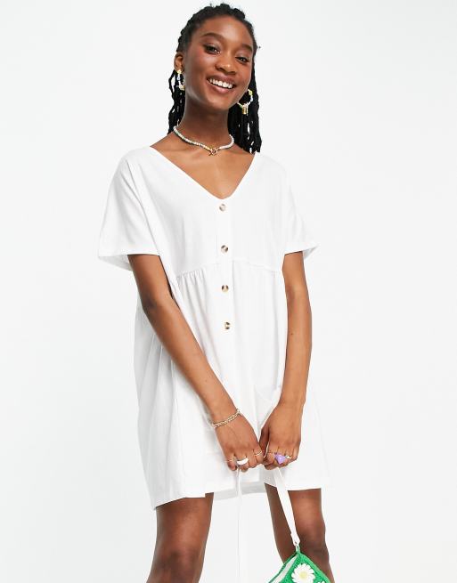 Asos design v neck shop button through mini smock dress