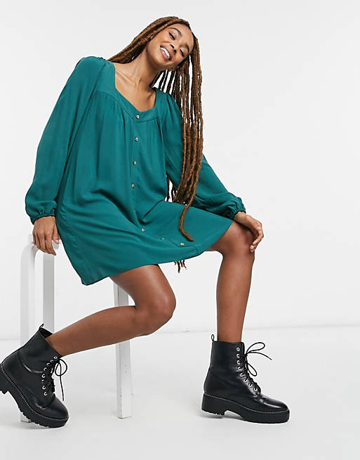 Dresses button through mini swing dress with long sleeves in forest green 