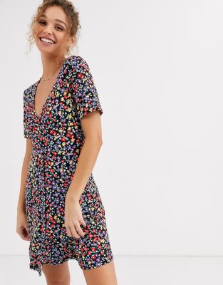 ASOS DESIGN button through mini tea dress in ditsy print | ASOS