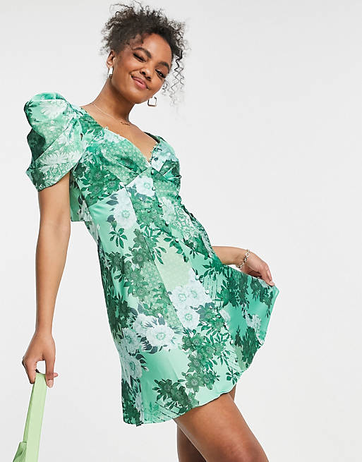 ASOS DESIGN button through mini tea dress with drape shoulder detail in green floral