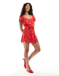 [ASOS DESIGN] ASOS DESIGN button through mini tea dress with tie back in red ditsy floral print-Multi 14 Red ditsy floral