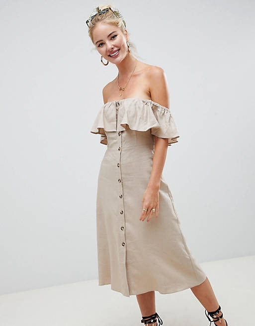 ASOS DESIGN button through off the shoulder midi dress with frill