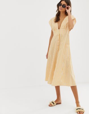 ASOS DESIGN button through open back midi dress with pockets in stripe-Multi