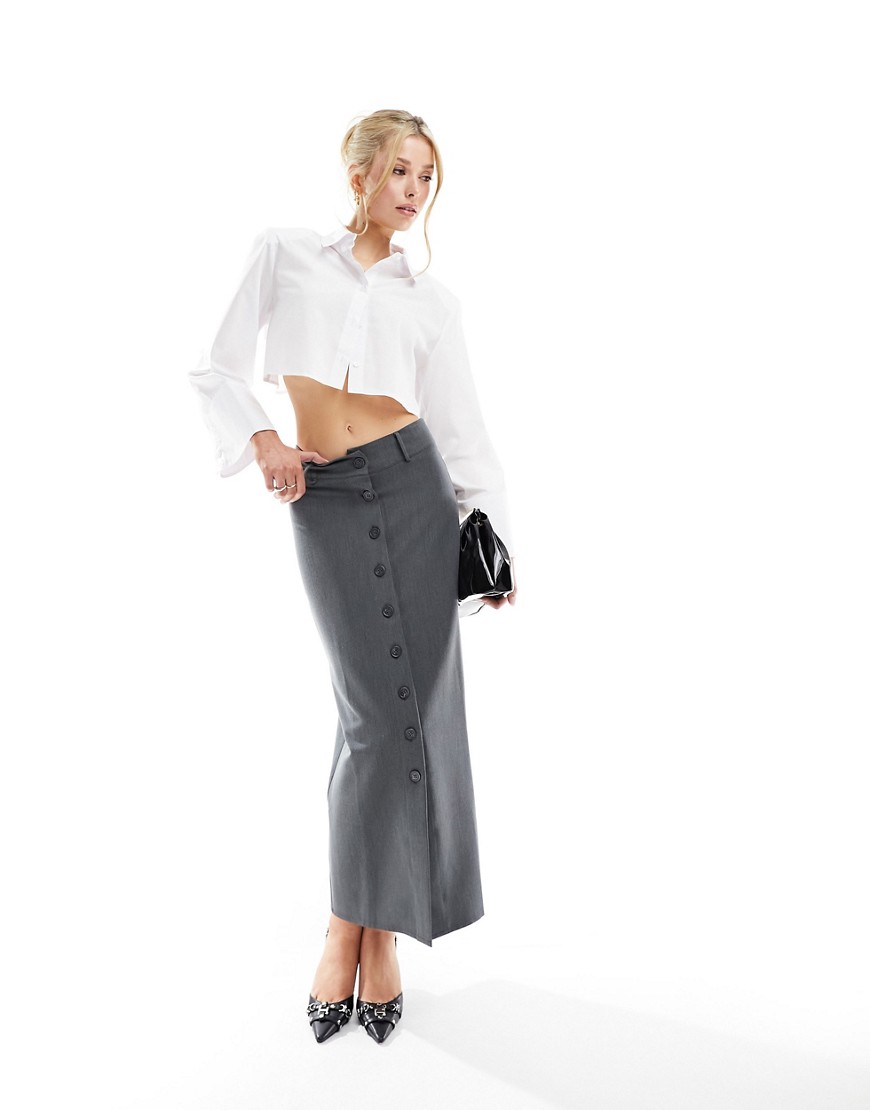 Asos Design Button Through Pencil Maxi Skirt In Dark Gray