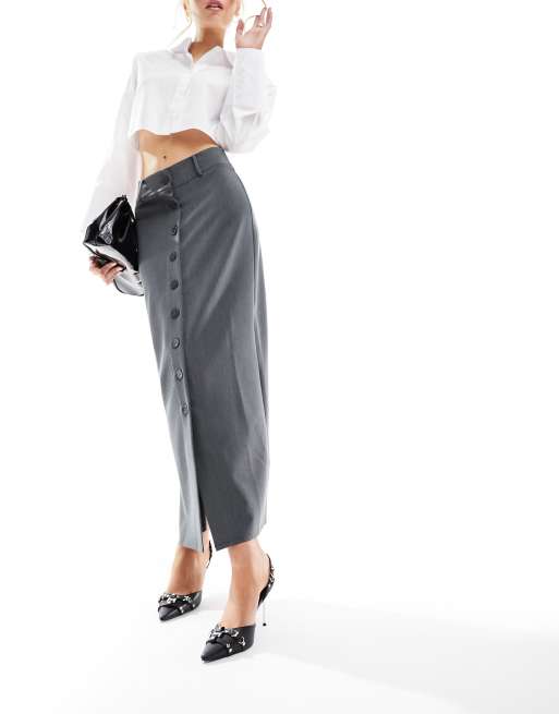 ASOS DESIGN button through pencil maxi skirt in dark gray, 3 of 4