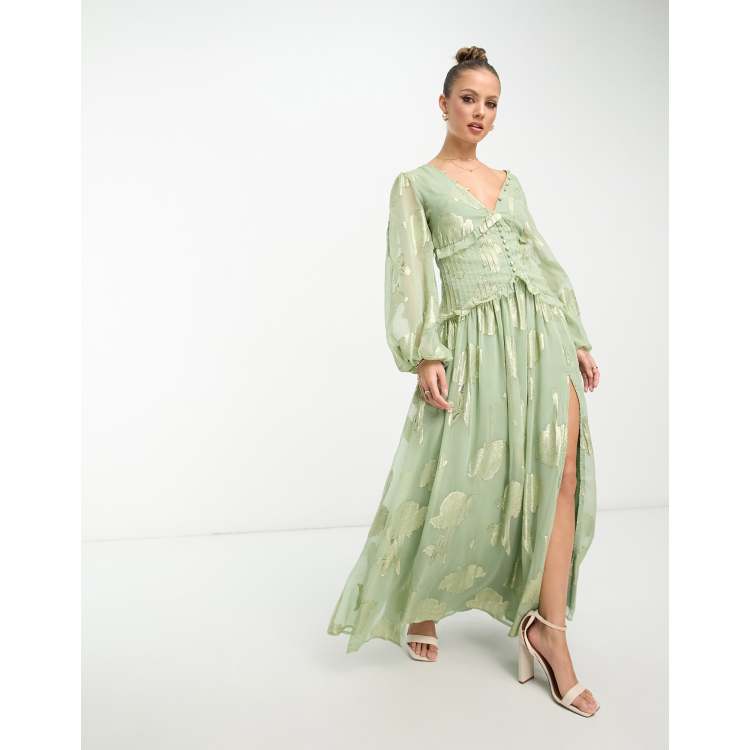 ASOS DESIGN Maternity button through pintuck maxi dress in green floral  print