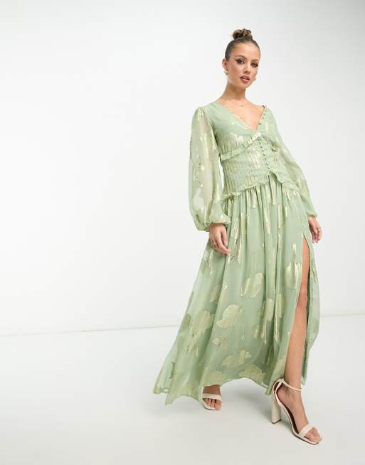 ASOS DESIGN button through pintuck maxi dress in sage metallic jacquard  floral