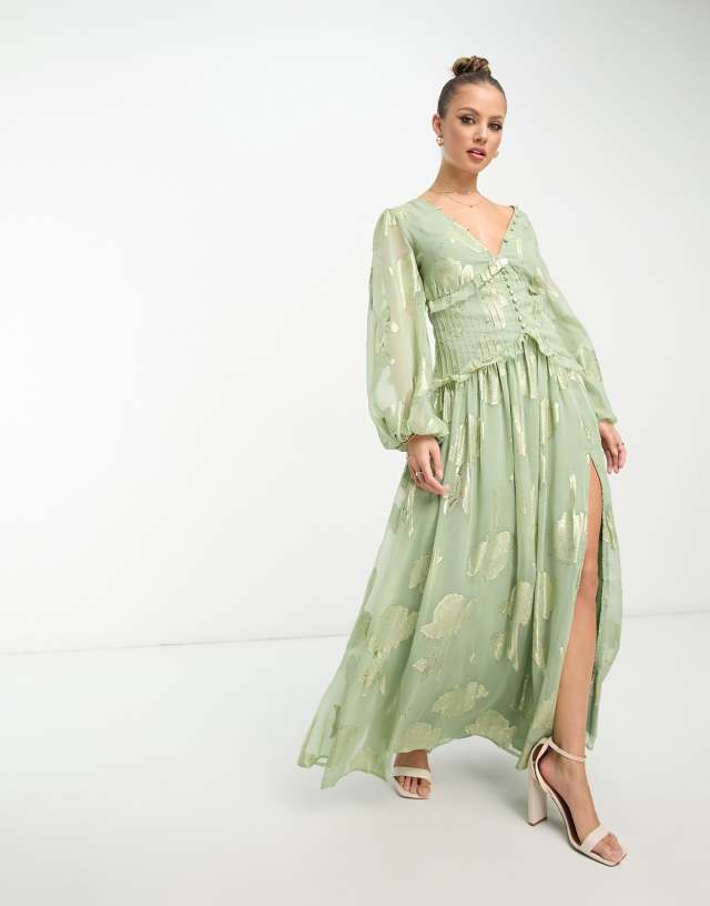 ASOS DESIGN button through pintuck maxi dress in sage metallic jacquard floral