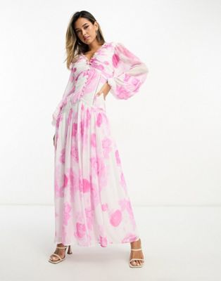 ASOS DESIGN button through pintuck maxi dress with lace inserts in large pink floral print-Multi