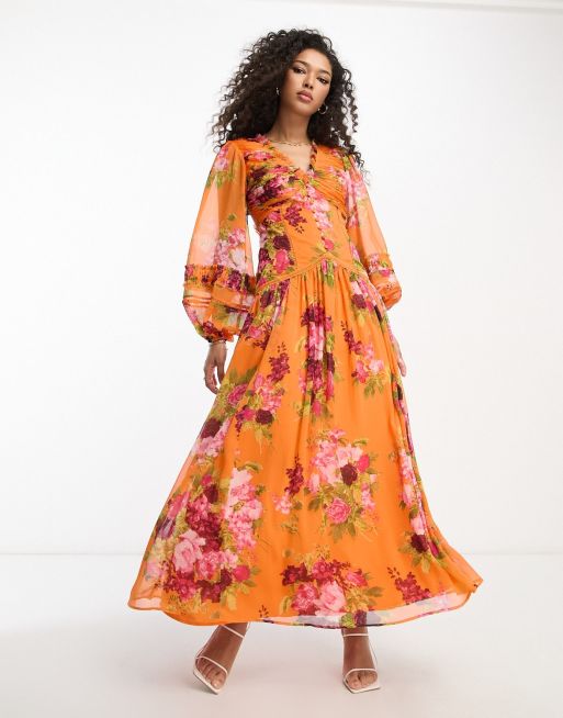 ASOS DESIGN button through pintuck maxi dress with lace inserts in orange  floral print