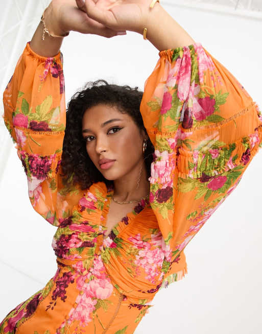 ASOS DESIGN button through pintuck maxi dress with lace inserts in orange floral print, 2 of 4