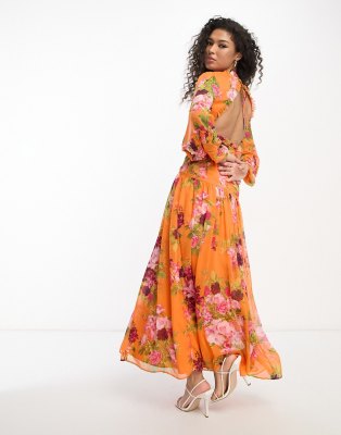 ASOS DESIGN button through pintuck maxi dress with lace inserts in orange  floral print