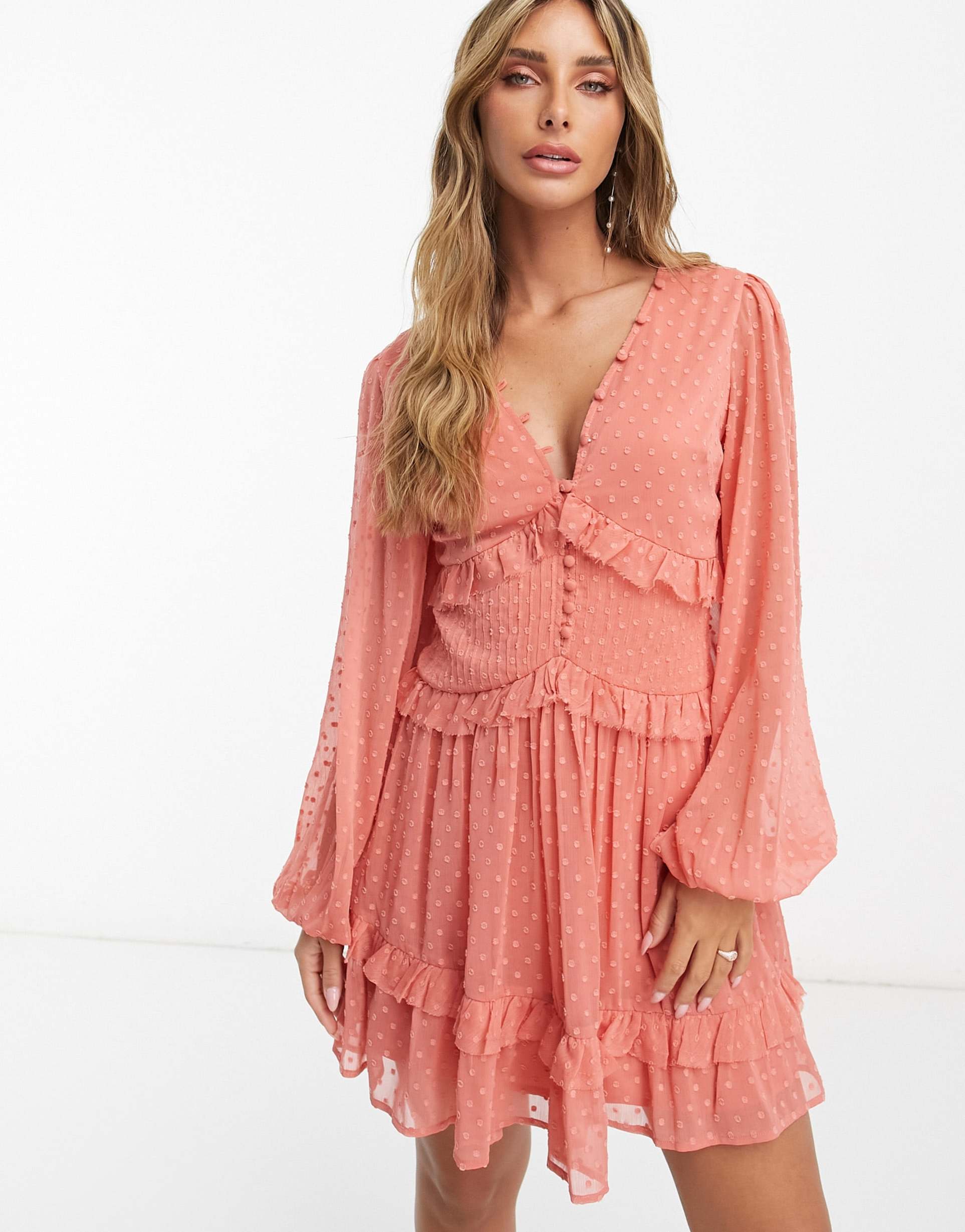 asos design button through pintuck mini textured dress in deep rose