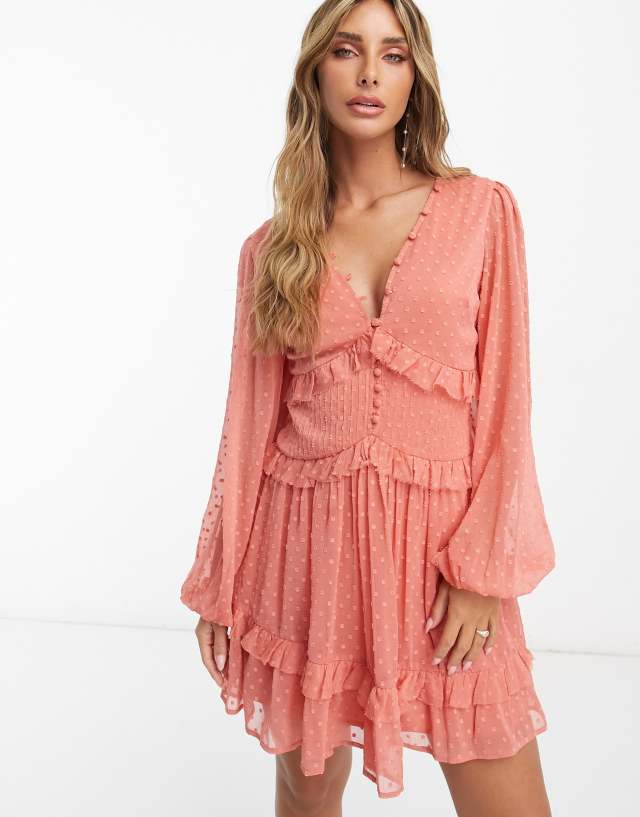 ASOS DESIGN button through pintuck mini textured dress in deep rose