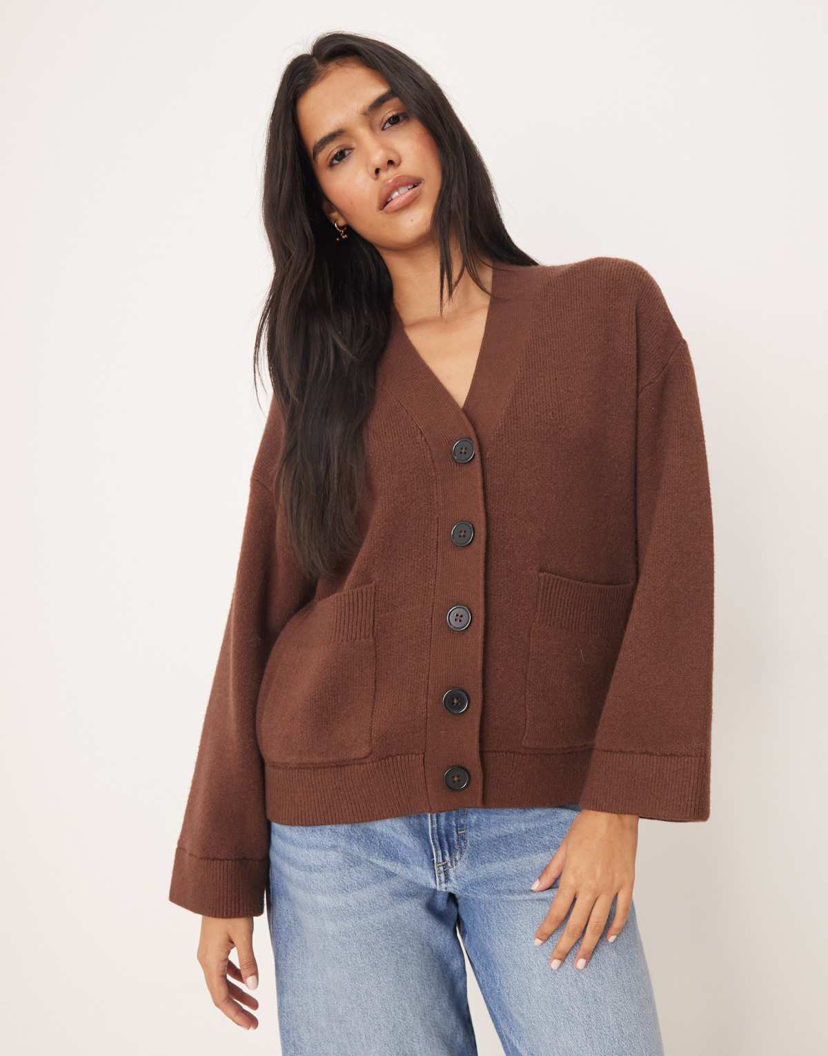 ASOS DESIGN button through pocket front boyfriend cardigan in chocolate