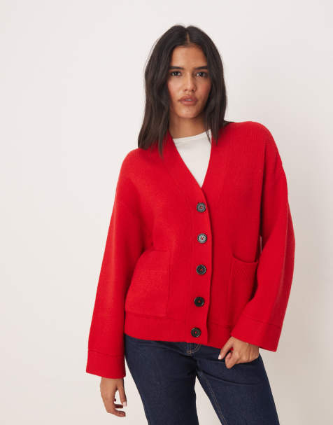 ASOS DESIGN button through pocket front boyfriend cardigan in red - view 1