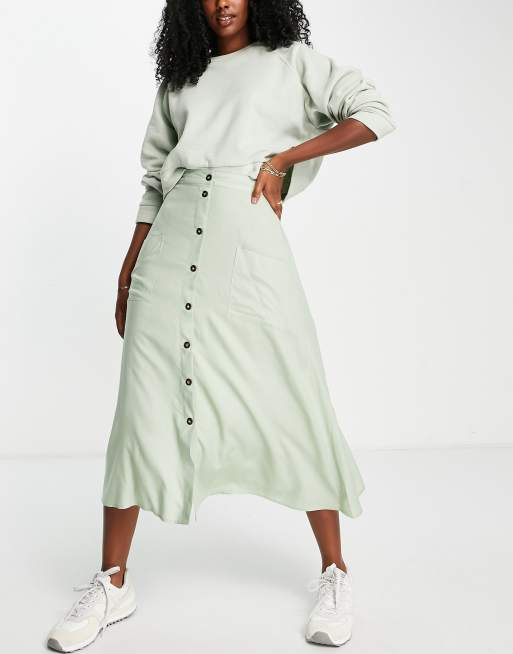 ASOS DESIGN button through pocket midi skirt with in sage green