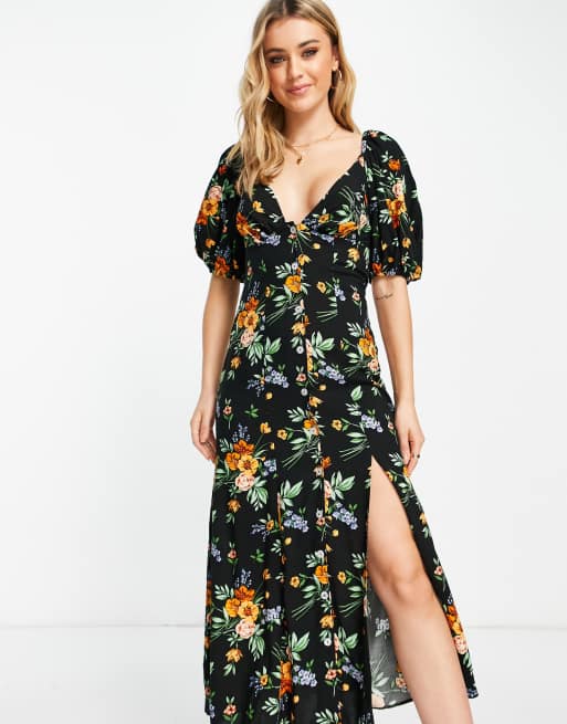 ASOS DESIGN Maternity puff sleeve gathered front midi dress in floral print  - MULTI