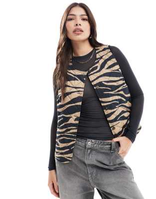 Asos Design Button Through Quilted Tank Top In Animal Print-multi