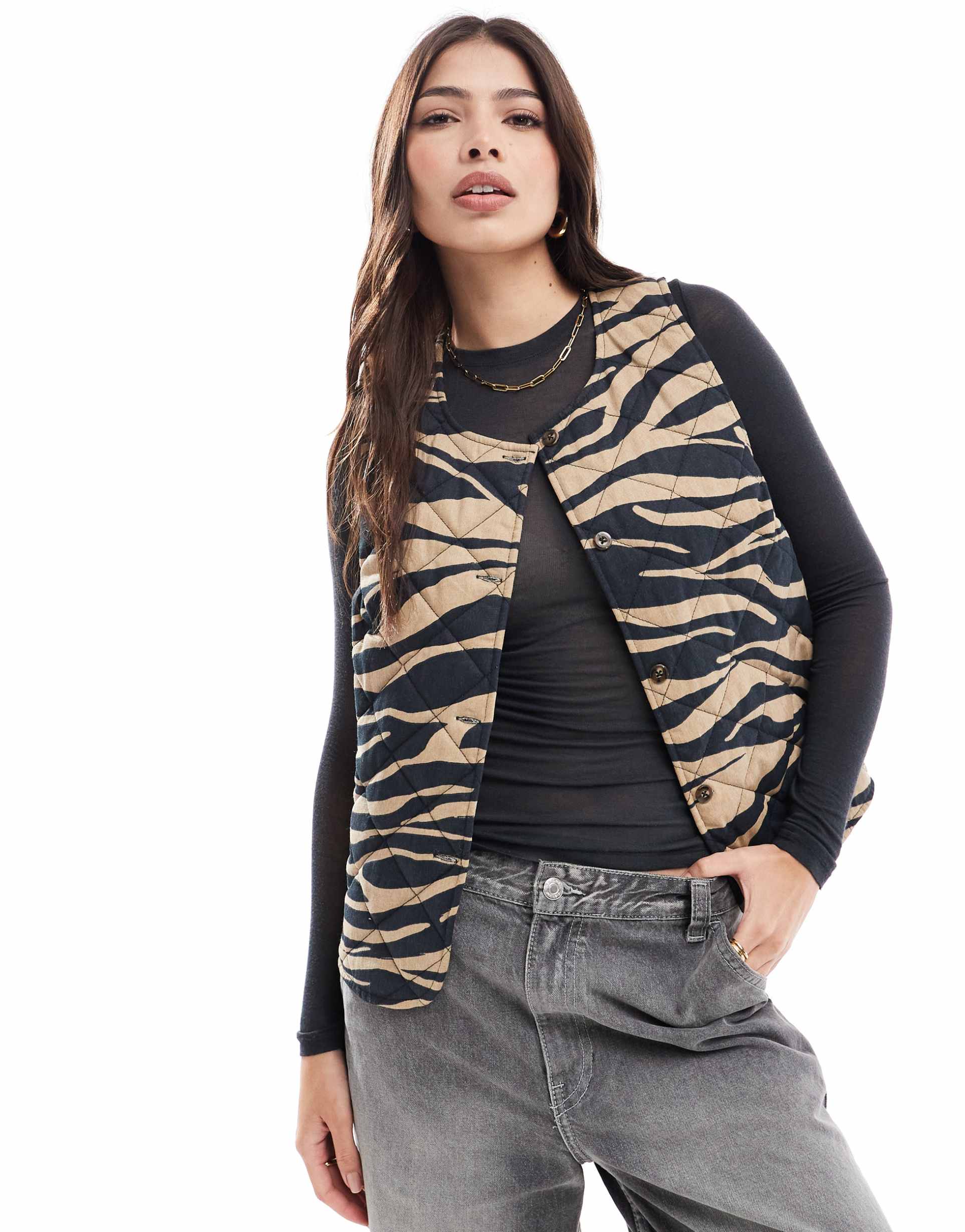 asos design button through quilted tank top in animal print