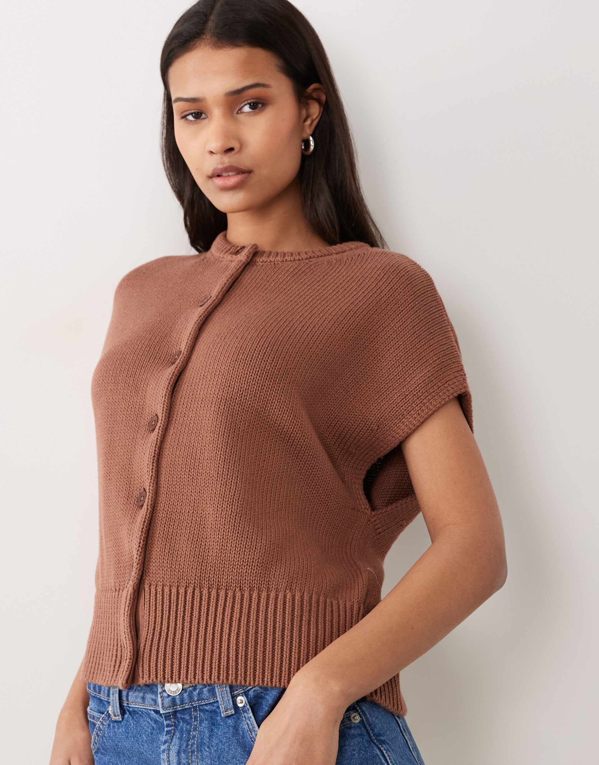 asos design button through relaxed tank in mocha