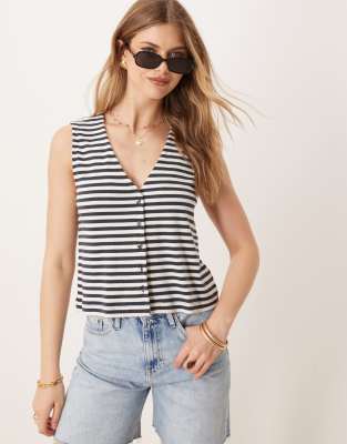 [ASOS DESIGN] ASOS DESIGN button through ribbed waistcoat in stripe-Multi XS Navy stripe