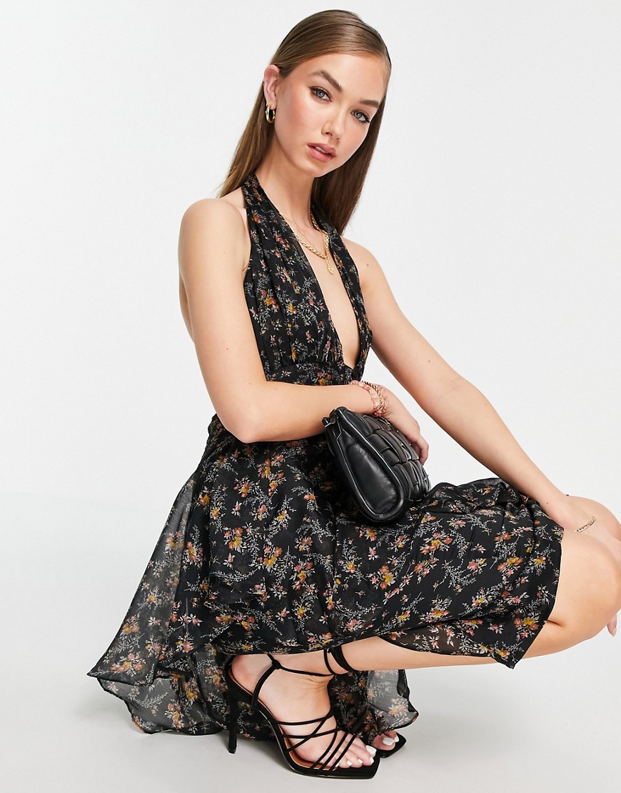 ASOS DESIGN button through ruched midi dress with soft ruffle detail in dark based floral print-Multi