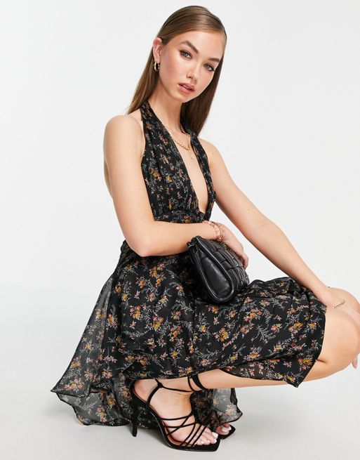 Product photo of Asos design button through ruched midi dress with soft ruffle detail in dark based floral print - mult