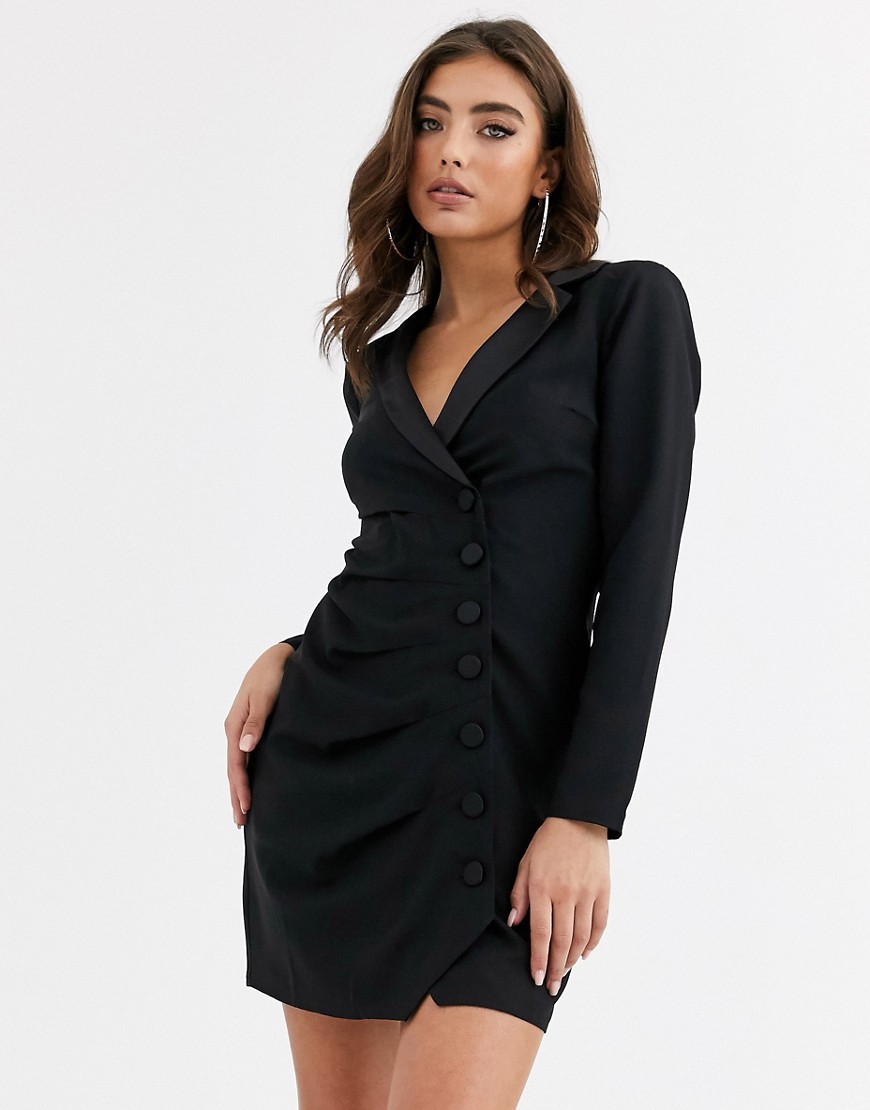 ASOS DESIGN button through ruched tux mini dress in black