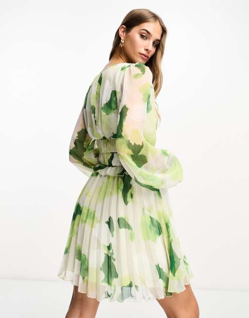 floral print flared sleeve pleated chiffon dress Printed Chiffon Pleated Full Sleeve Dress – Terijon.com main image 1