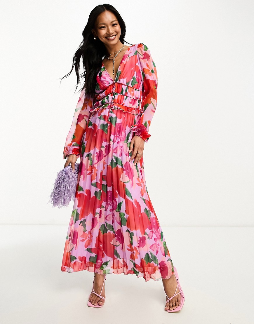 ASOS DESIGN button through ruched waist pleated midi dress in floral print-Multi