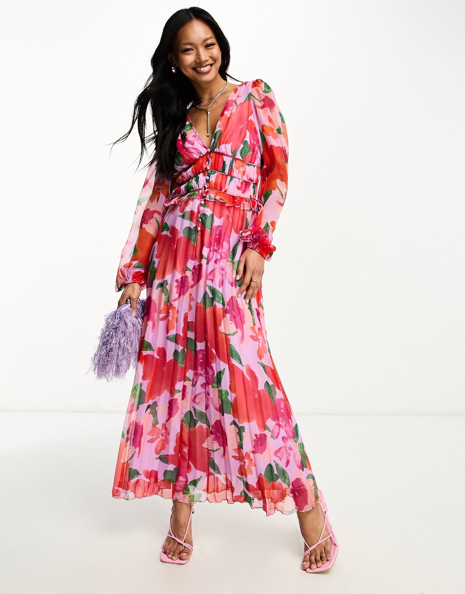 asos design button through ruched waist pleated midi dress in floral print