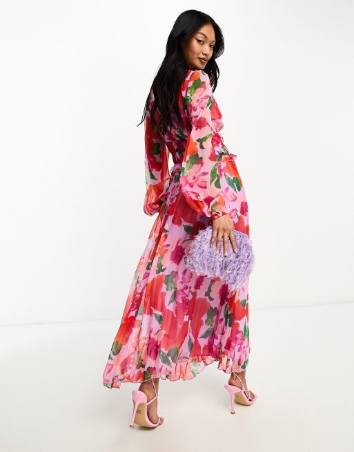 Asos design pleated midi dress with fluted sleeve 2024 in floral print