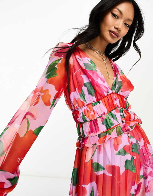 Asos design botanical floral plunge belted pleated shop midi dress