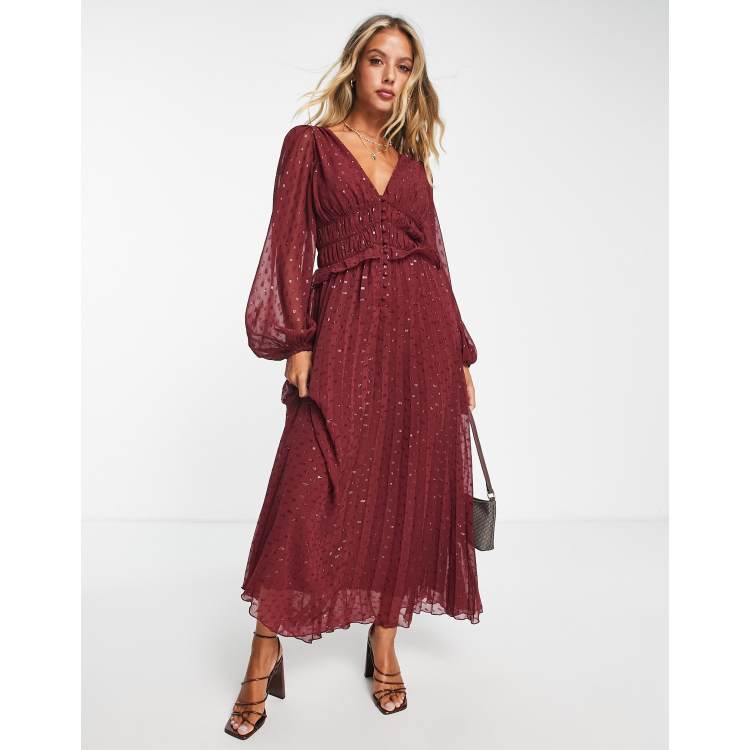 ASOS DESIGN button through ruched waist pleated midi dress in metallic  dobby in deep red