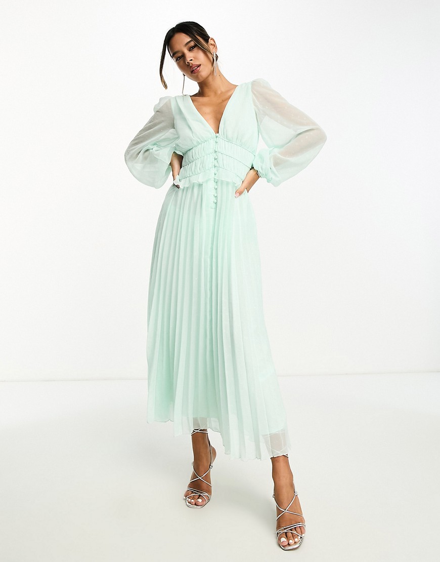 ASOS DESIGN button through ruched waist pleated midi dress in metallic dobby in pale green