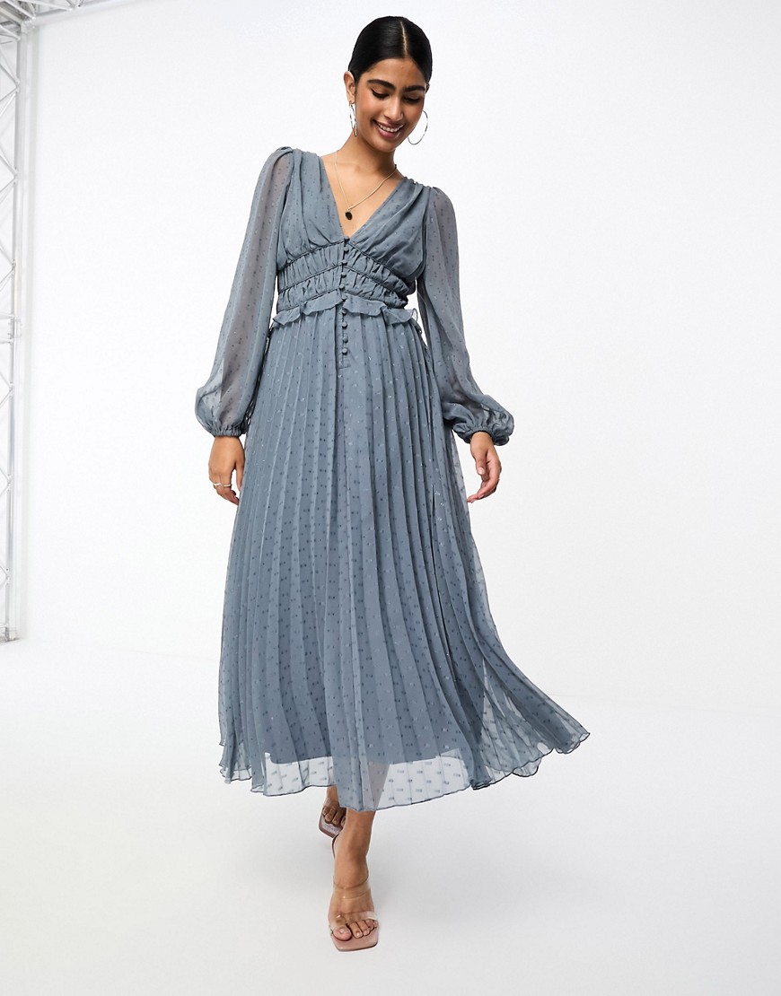 ASOS DESIGN button through ruched waist pleated midi dress in metallic dobby in silver grey
