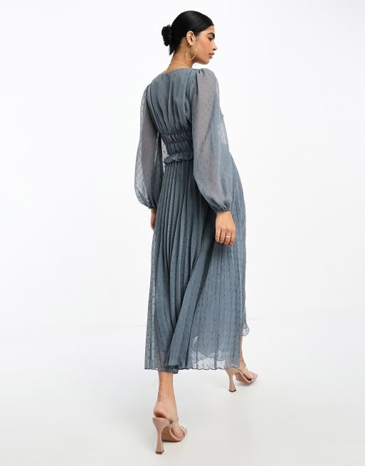 ASOS DESIGN button through ruched waist pleated midi dress in metallic  dobby in silver grey