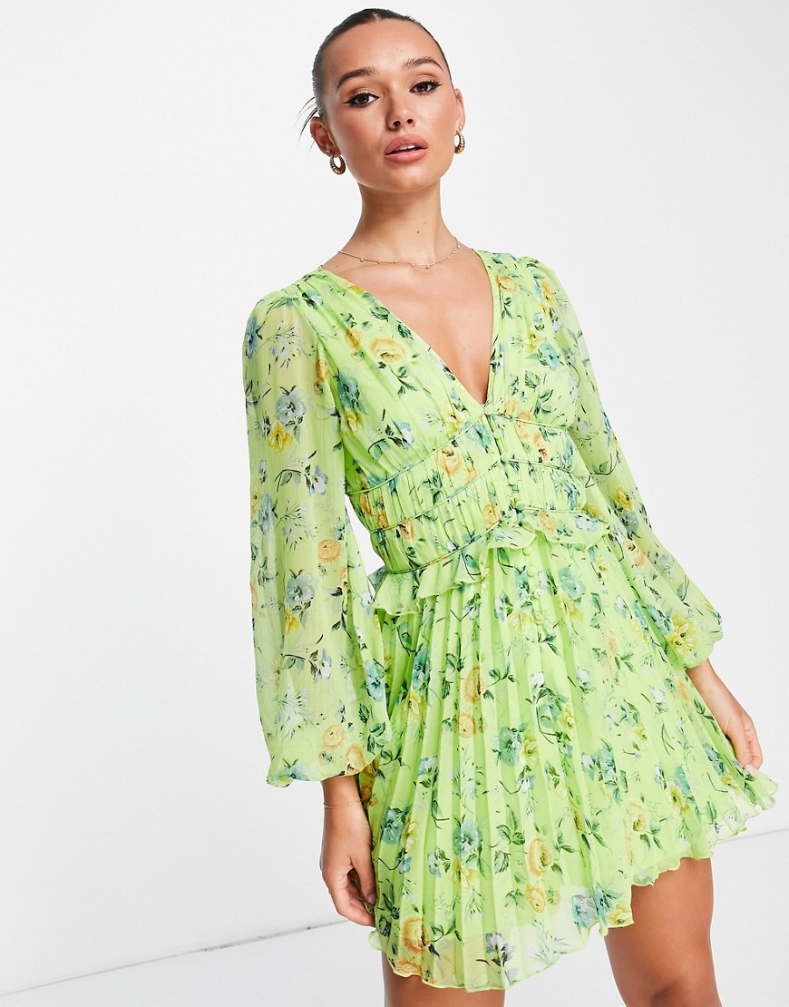 ASOS DESIGN button through ruched waist pleated mini dress in green floral print-Multi