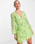 [ASOS DESIGN] ASOS DESIGN button through ruched waist pleated mini dress in green floral print-Multi 4 Green floral